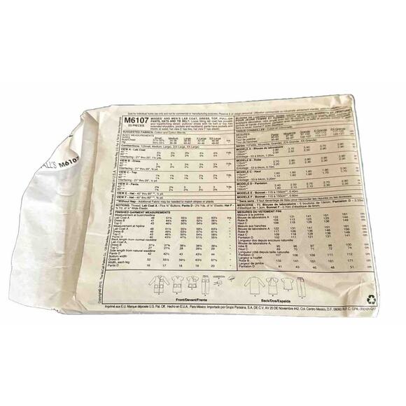 McCall's M6107 NURSE UNIFORM Scrubs, Surgical Cap, Hat, Lab Coat Sz S-L UNCUT - Picture 3 of 3